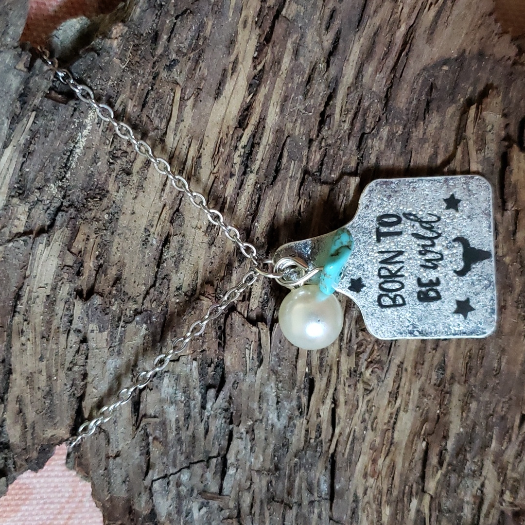 Cowgirl Necklace Pearl Turquoise Cow Tag Animal Tag Cattle Tag Ear Tag Western